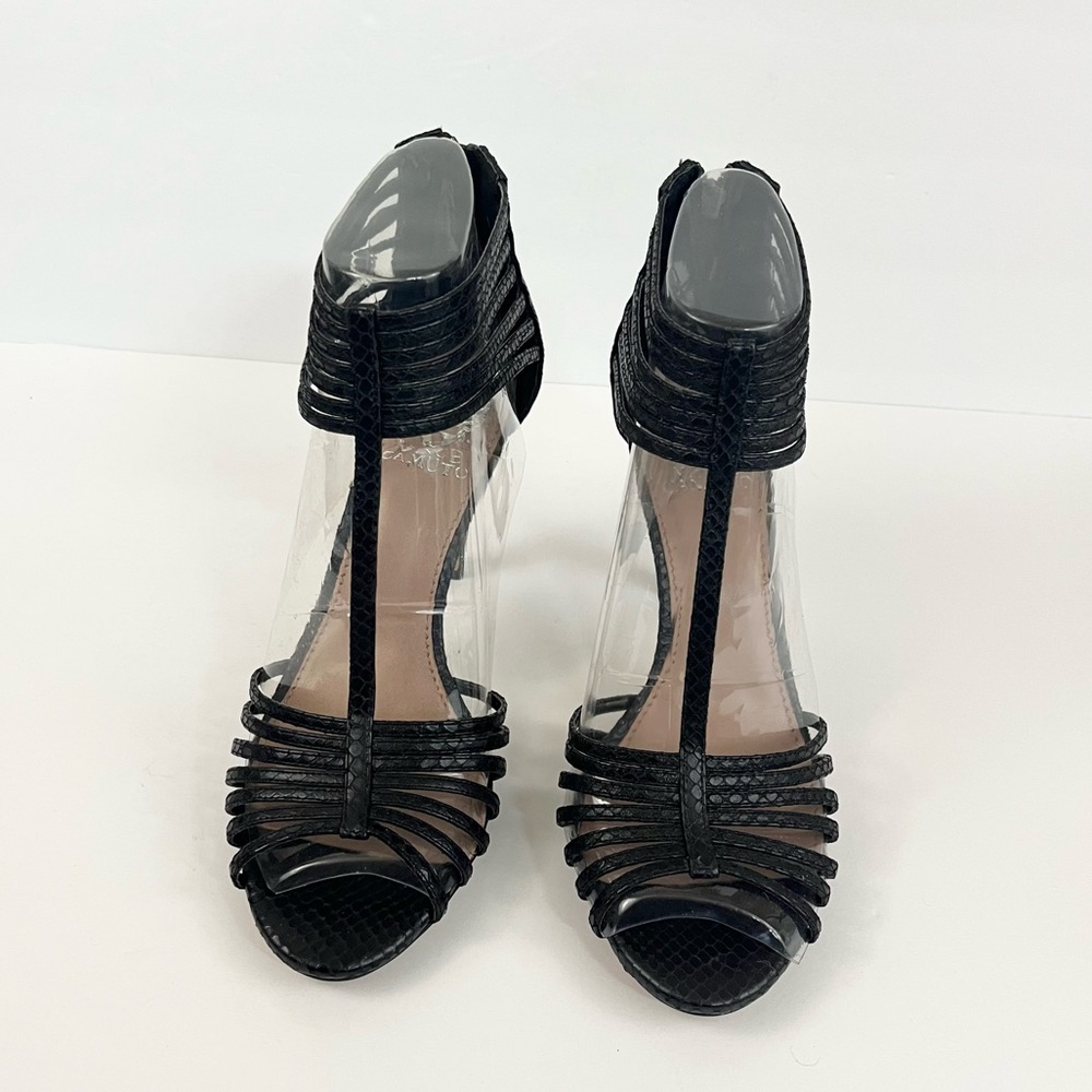 Vince Camuto Sarea Black Snake Leather Open Toe Heels Women’s Size 8